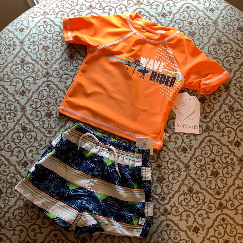 Rash guard and swim trunks